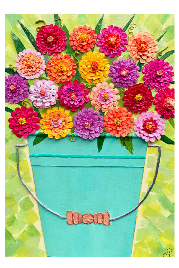 Summer Zinnias in a Blue Pail